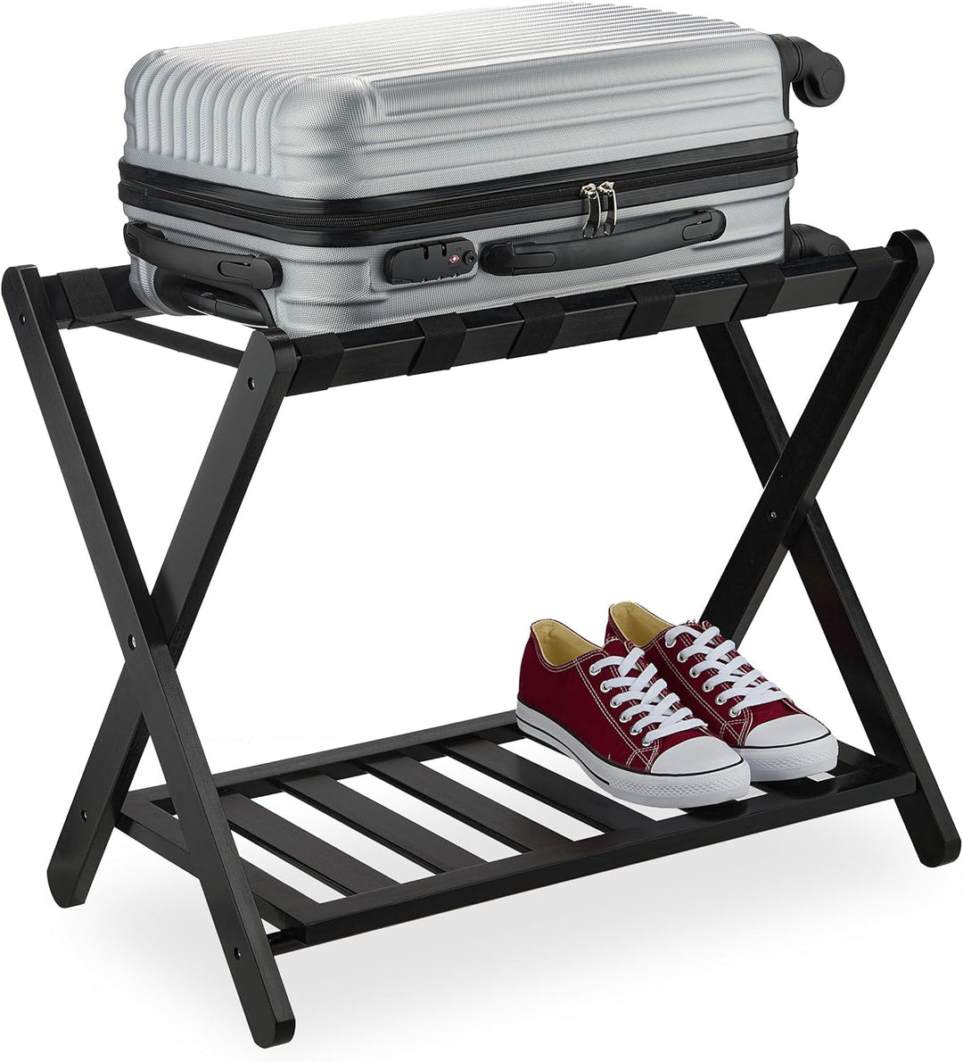 Relaxdays Kofferständer, klappbar, Bambus, HBT: 56x68,5x41,5 cm, Gepäckständer mit Ablage, Kofferabl