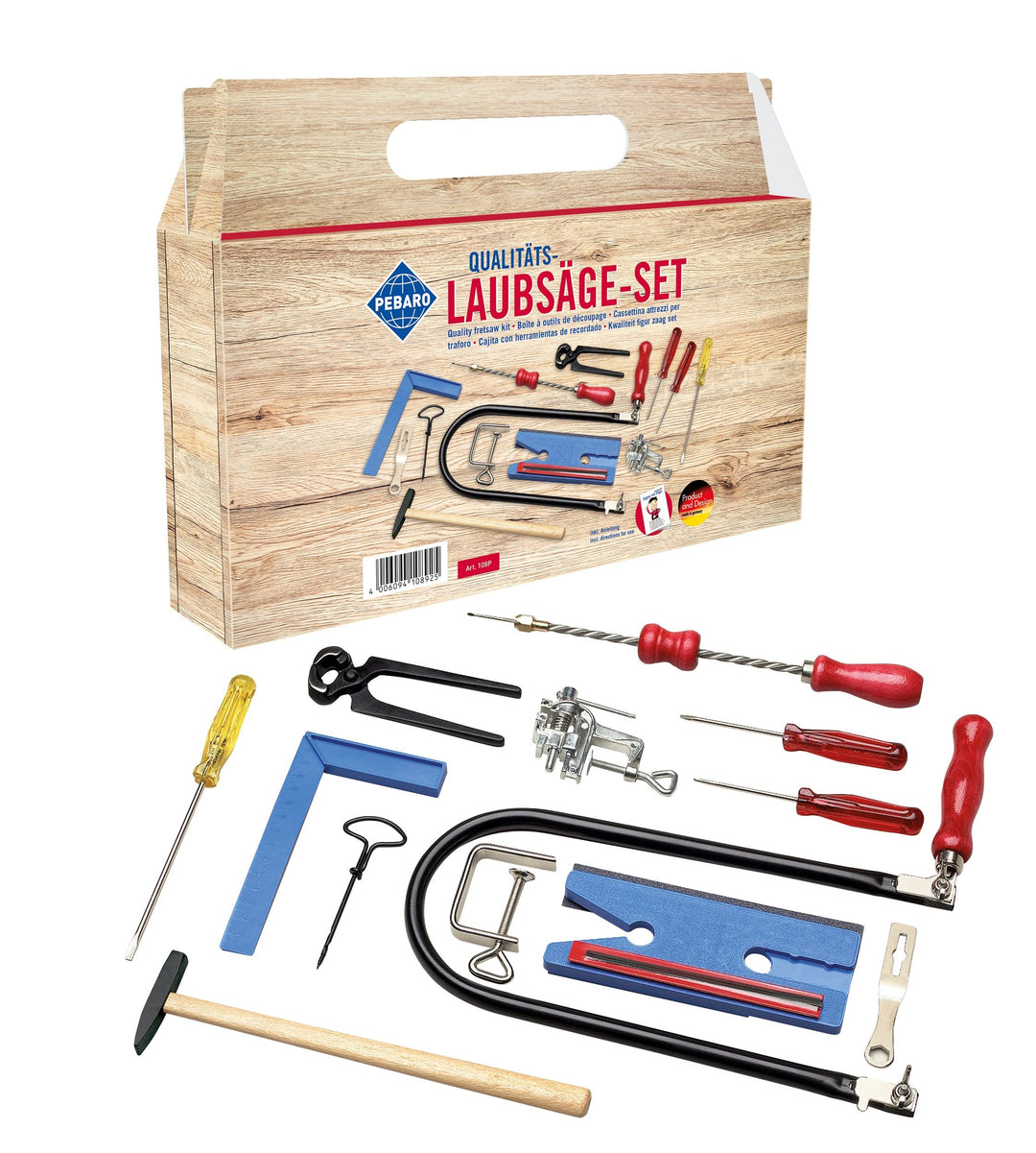 Pebaro 108P Laubsäge-Set im Tragegriff-Karton, 21 Teile, praktische Kofferverpackung, komplettes Set