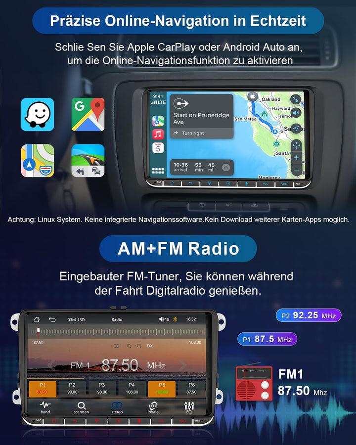 Autoradio mit Bildschirm für VW Golf 5 6 T5 Polo 6R Passat Caddy Touran Seat Skoda, 9 Zoll Golf Radi
