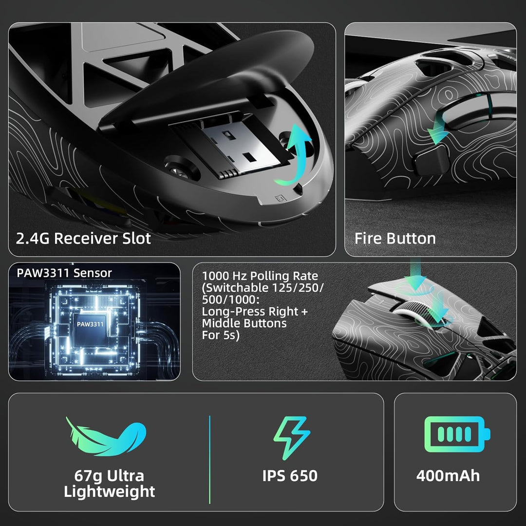 AULA SC620 Kabellose Gaming Maus,BT5.0/2.4G/USB-C,mit PixArt PAW3311-Sensor,12000DPI,8KHz,Feuertaste