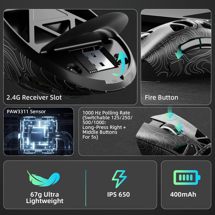 AULA SC620 Kabellose Gaming Maus,BT5.0/2.4G/USB-C,mit PixArt PAW3311-Sensor,12000DPI,8KHz,Feuertaste