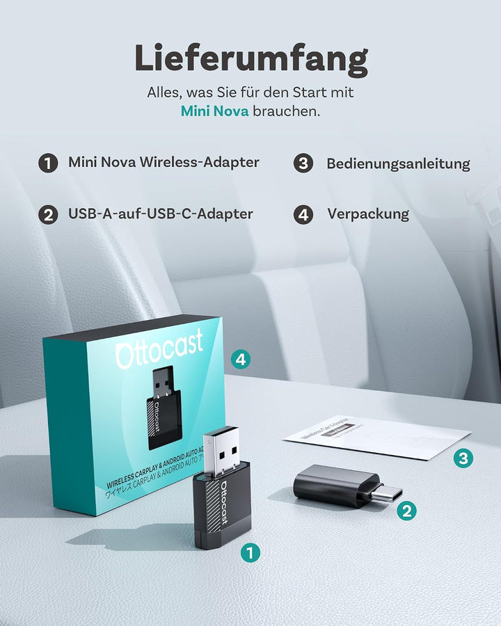 OTTOCAST Mini Nova 2-in-1 Wireless CarPlay &amp; Android Auto Adapter, Kompakt