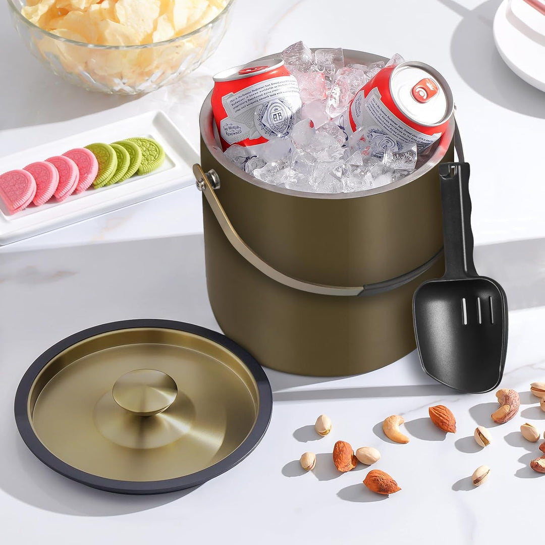 3.2L Moderner isolierter Eiskübel mit Silikondeckel, Schaufel, Sieb, doppelwandiger Edelstahl-Eisküb