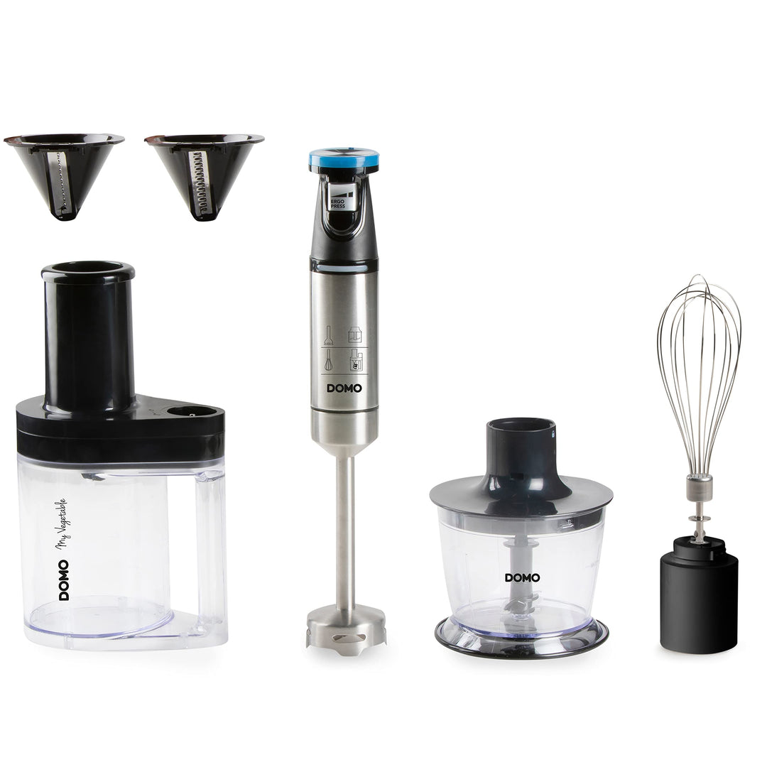 DOMO Stabmixer Set 4-in-1 - Ergo Press - Inklusive 4 Aufsätze: Mixstab, Schneebesen, Zerkleinerer, S