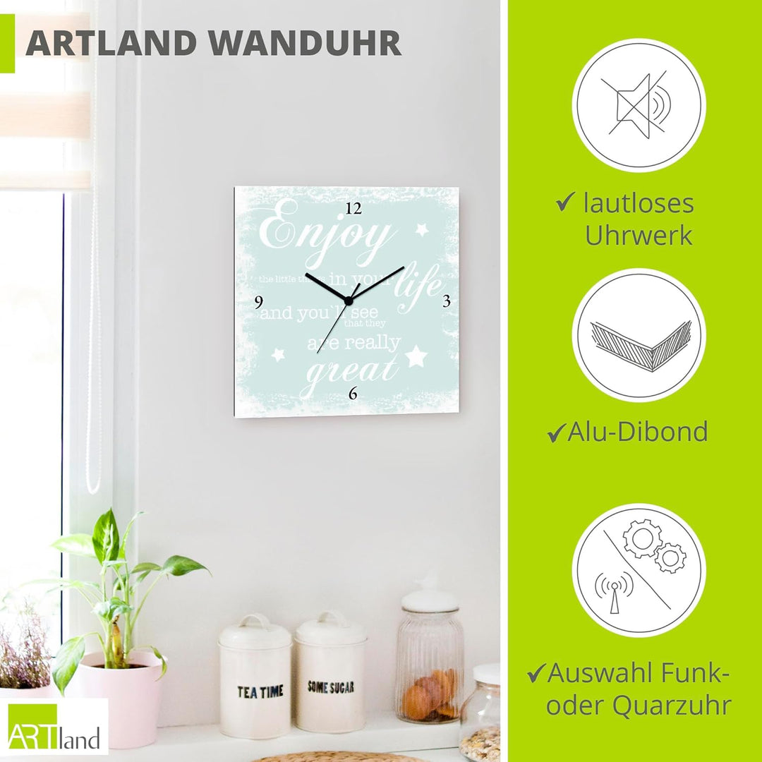 ARTLAND Wanduhr ohne Tickgeräusche Leinwanduhr Quarzuhr lautlos Quadratisch 30x30 cm Design Spruch B