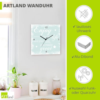 ARTLAND Wanduhr ohne Tickgeräusche Leinwanduhr Funkuhr lautlos Quadratisch 30x30 cm Design Spruch Bi
