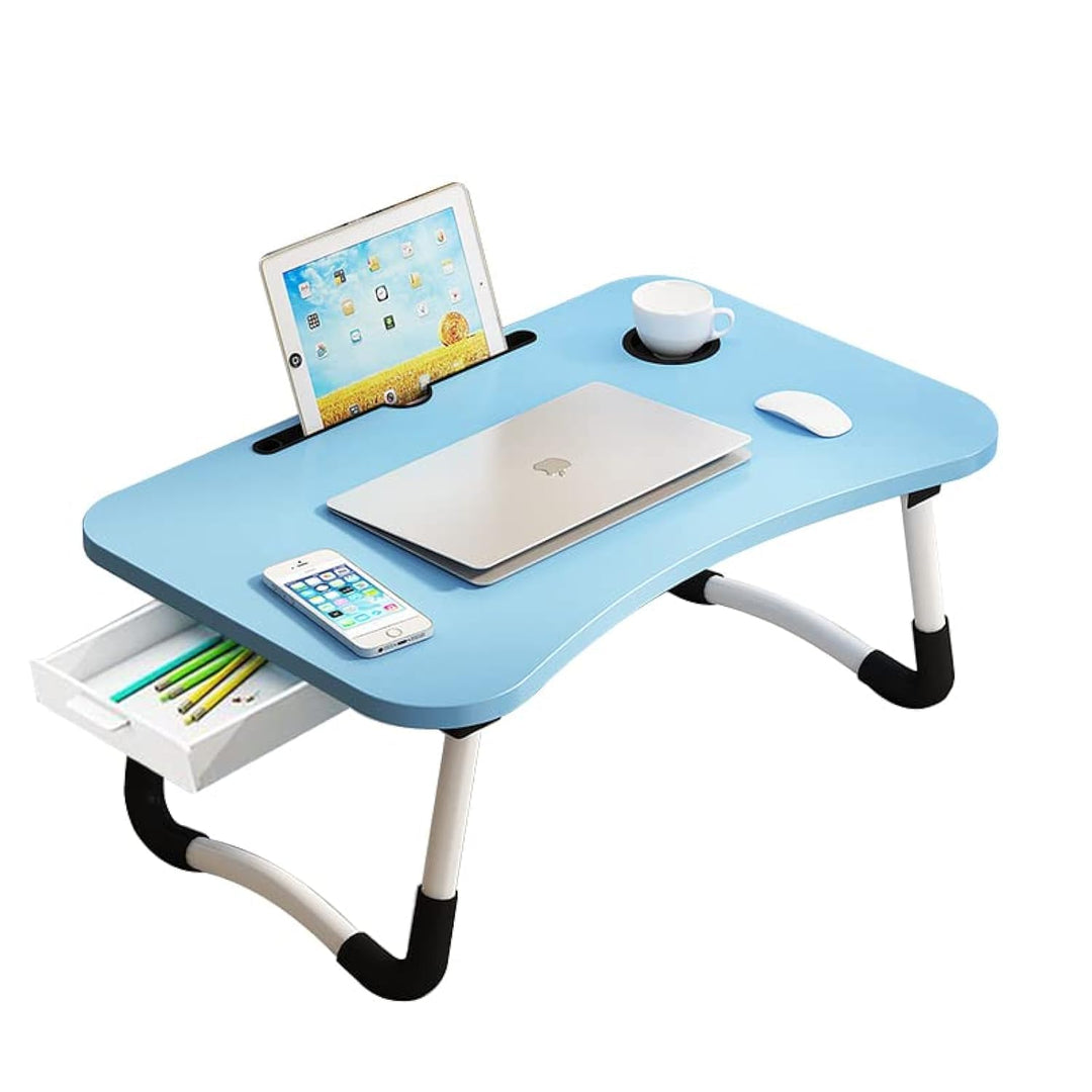 Schossschreibtisch mit Aufbewahrungsschublade, Tassen- und Tablethalter, Betttablett, Tisch, faltbar