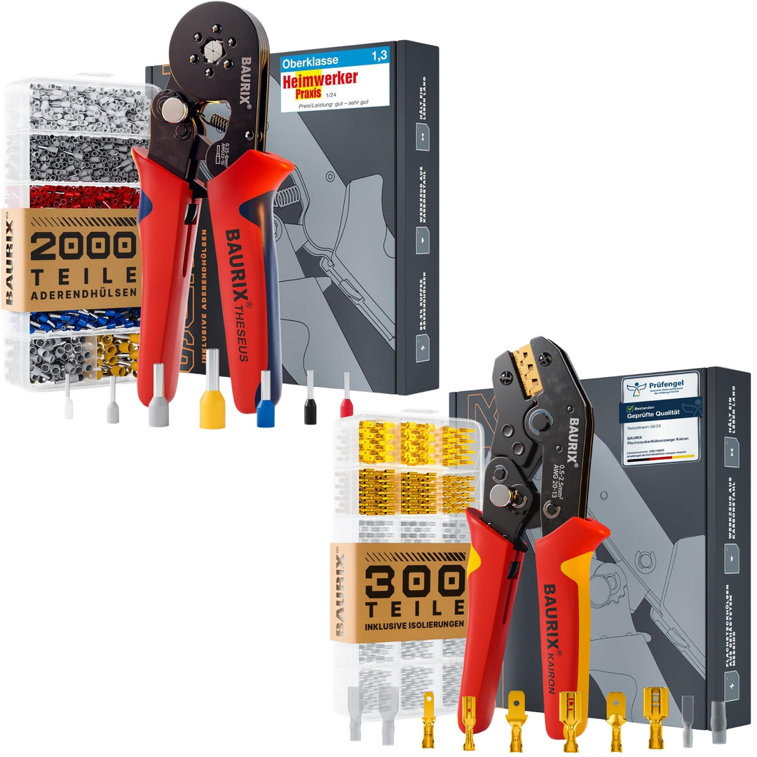 BAURIX® Crimpzangen Set – THESEUS Aderendhülsenzange 0,25–6 mm² mit 2000 Aderendhülsen & KAIRON Crim