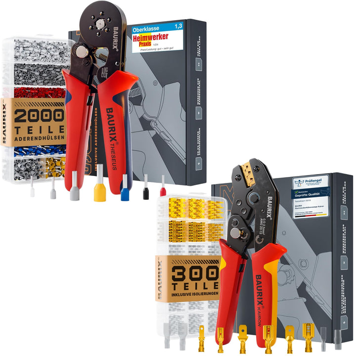 BAURIX® Crimpzangen Set – THESEUS Aderendhülsenzange 0,25–6 mm² mit 2000 Aderendhülsen & KAIRON Crim