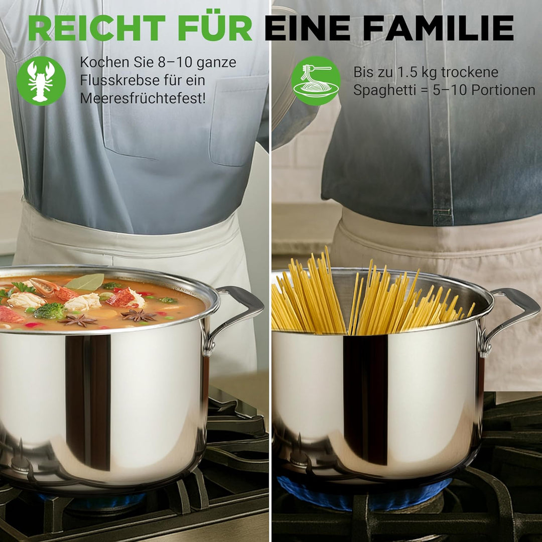 NutriChef Kochtopf gross, 8L Suppentopf Induktion aus Edelstahl mit Glasdeckel, 18/8 Grossraumtopf H