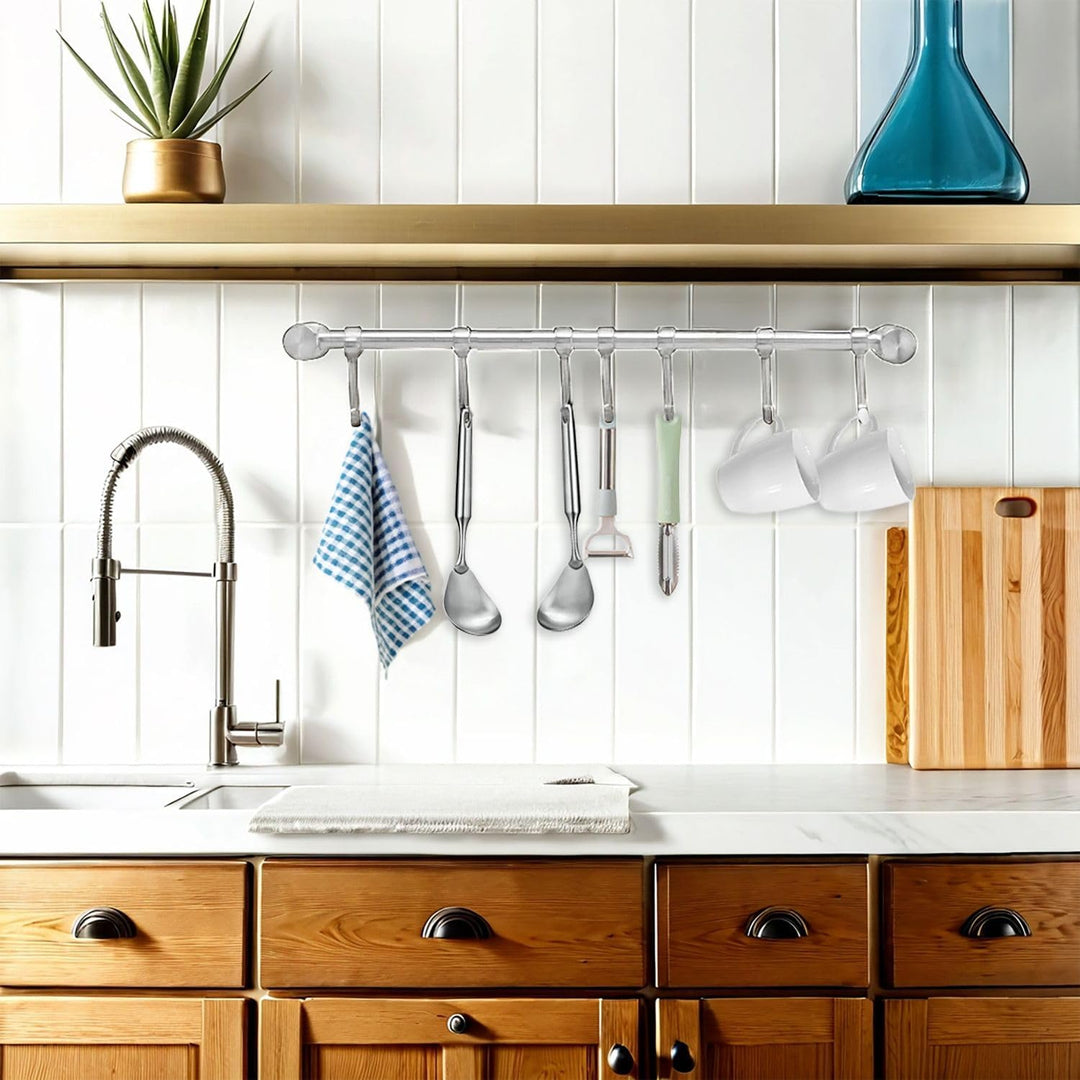 Hängeleiste für die Küche aus Edelstahl mit 7 beweglichen Haken zum Bohren - 39.6 x 3.4 x 2.2 cm - K