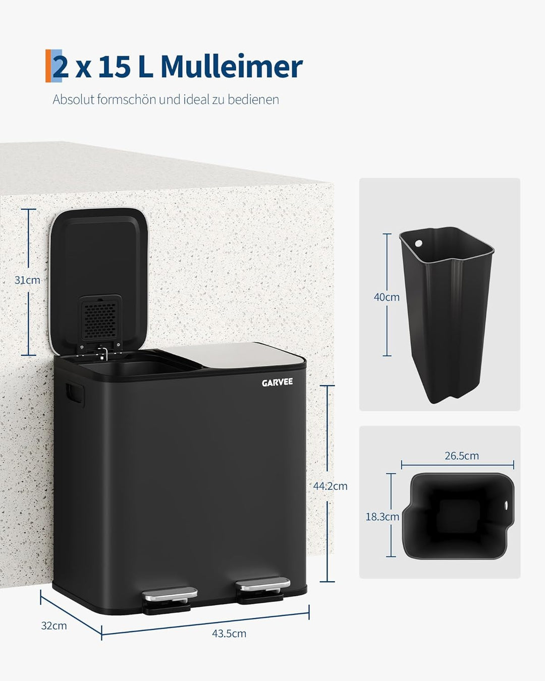 Garvee Abfalleimer 2 x 15 l aus Edelstahl mit Doppelfach und Pedal - schwarz