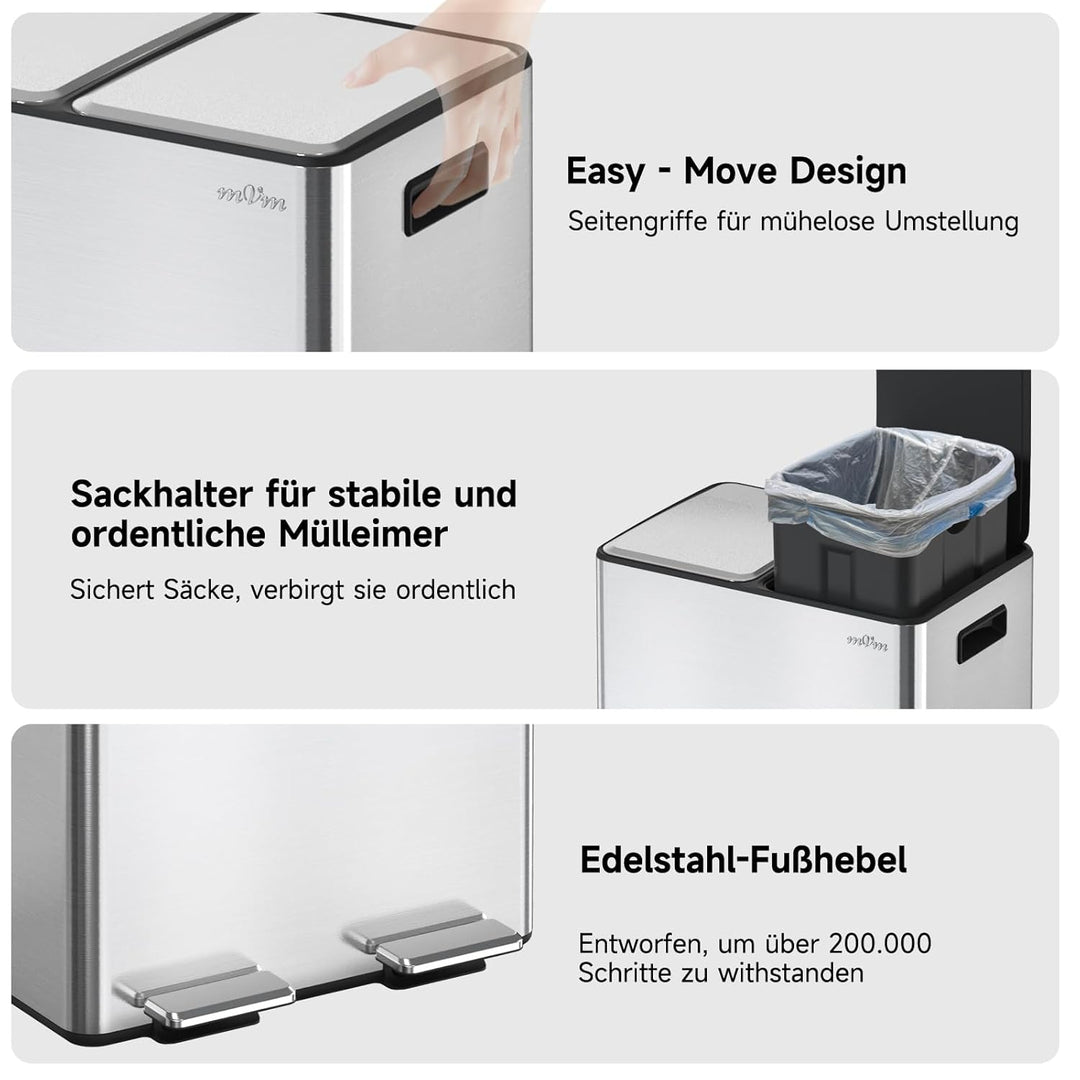 mVm Mülleimer Küche,60 Liter Treteimer,2 x 30 Liter Treteimer, 2 Fächer, Mülltrennsystem, Abfalleime