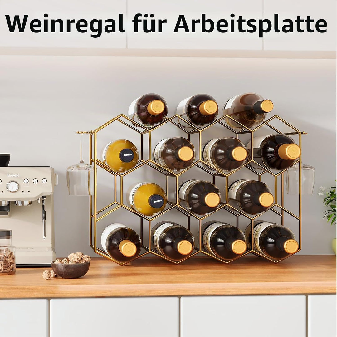 Urban Deco Weinregal für 14 Flaschen aus Metall, Flaschenregal Gold mit 2 Haken für 2 Weingläser, We