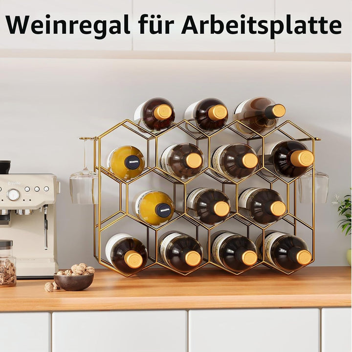Urban Deco Weinregal für 14 Flaschen aus Metall, Flaschenregal Gold mit 2 Haken für 2 Weingläser, We
