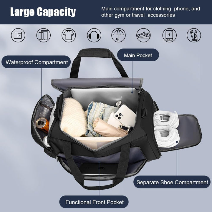 Sporttasche Reisetasche, Sport Duffel Bag mit Schuhfach, Nassfach, wasserdichte Übernachtungstasche,