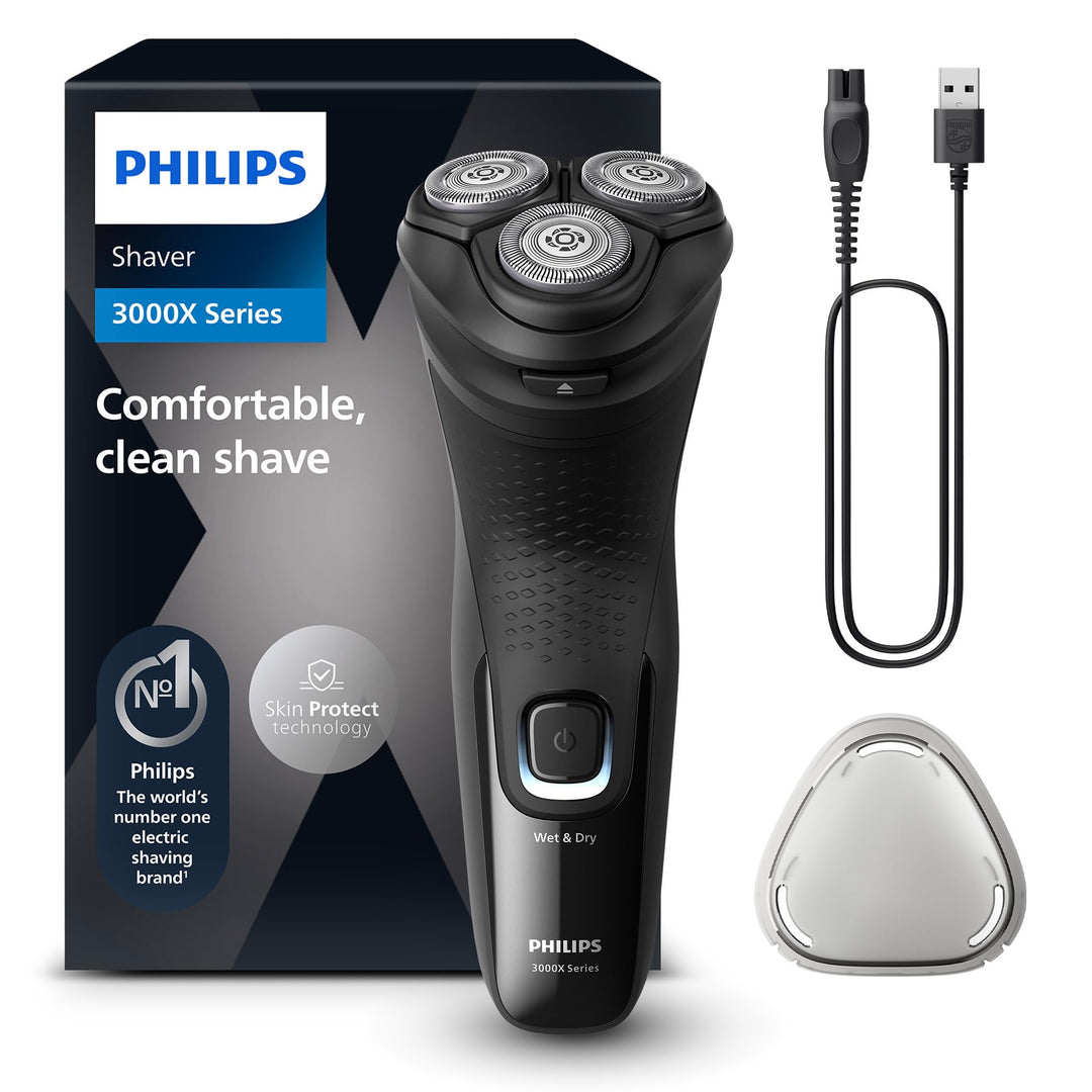 Philips Shaver Series 3000X – Elektrischer Nass- und Trockenrasierer für Männer in Schwarz, mit Skin