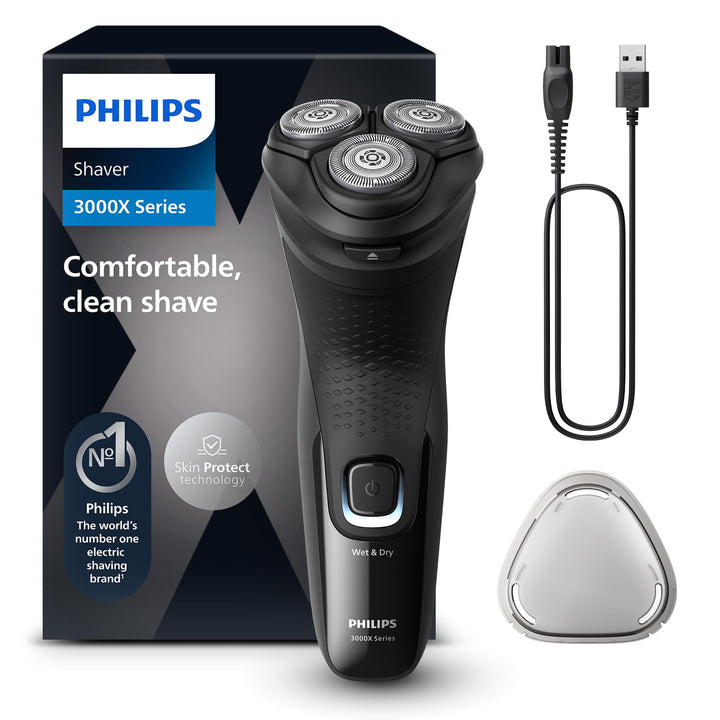 Philips Shaver Series 3000X – Elektrischer Nass- und Trockenrasierer für Männer in Schwarz, mit Skin