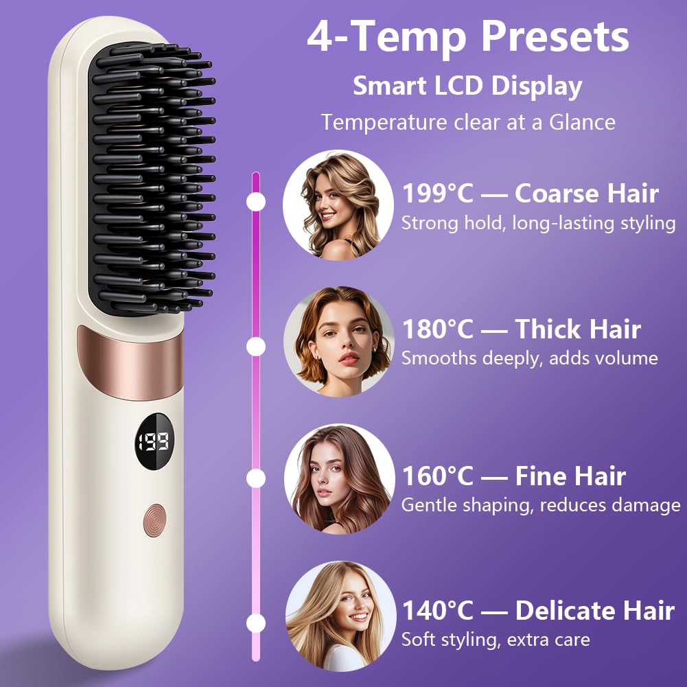 LOPHE Glättbürste, 2 in 1 Haarglätter Bürste mit LED Display, Hair Straightener Kabellos und Verbrüh