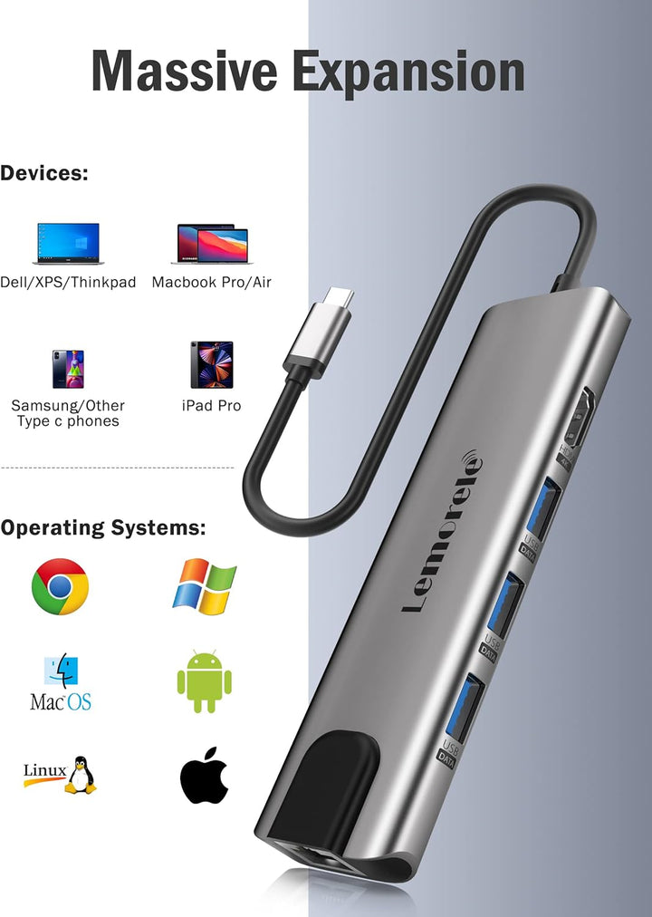 Docking Station USB C, Lemorele USB C Hub 9 in 1 Aluminiumgehäuse mit 1 Gbps Ethernet, 4K HDMI, 100W
