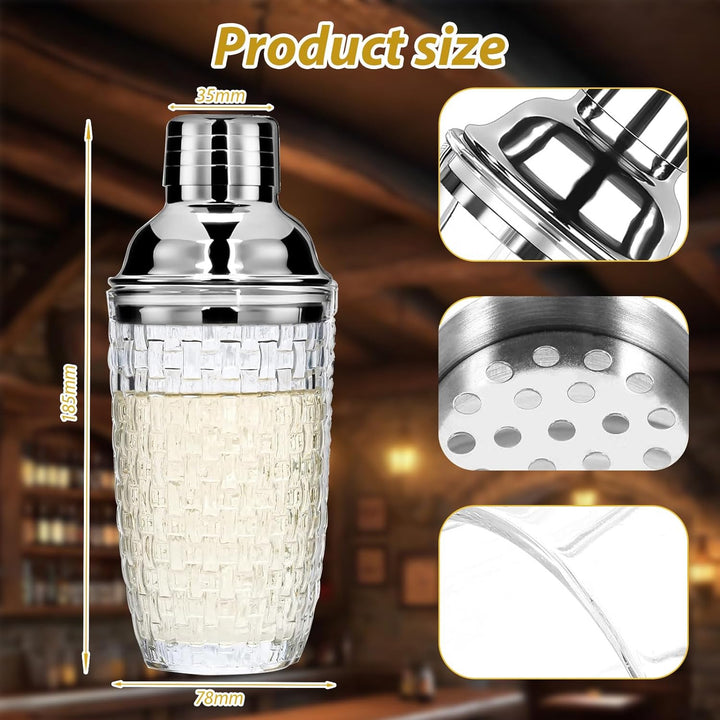 Glas Cocktailshaker400ml,Strickmuster Klarglas Cocktail Shaker Set,Cocktail Shaker Glas Mixer mit Ed