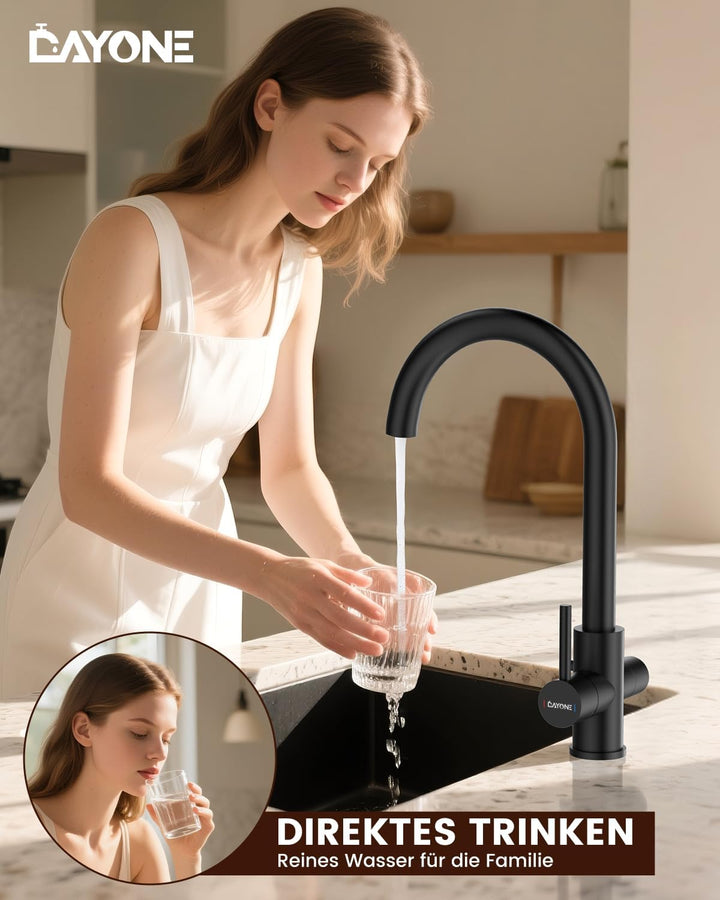 DAYONE Schwarz 3-Wege Wasserhahn für Küche, Trinkwasserhahn mit 2 Hebel, 360° Drehbar Küchenarmatur