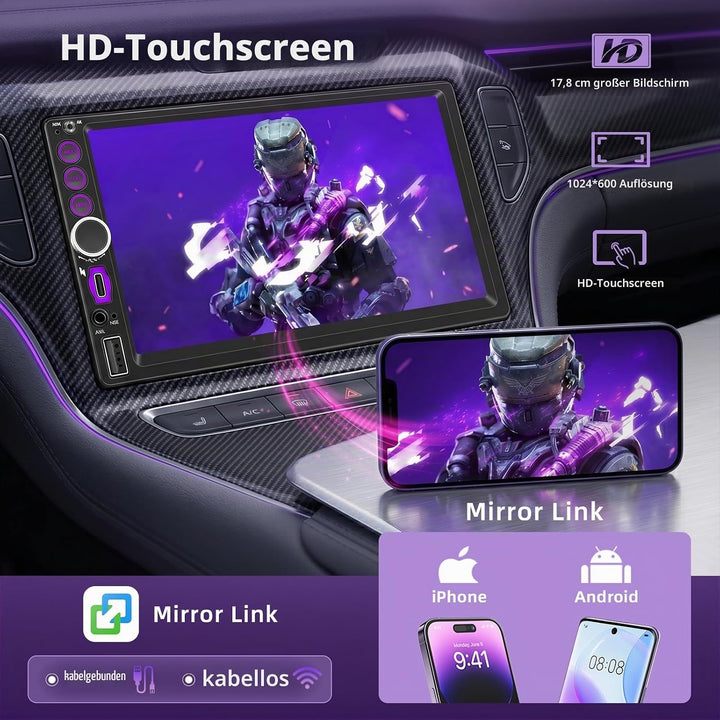 Autoradio 2 DIN mit Wireless CarPlay und Android Auto, 7 Zoll Touchscreen Bildschirm, Bluetooth Frei