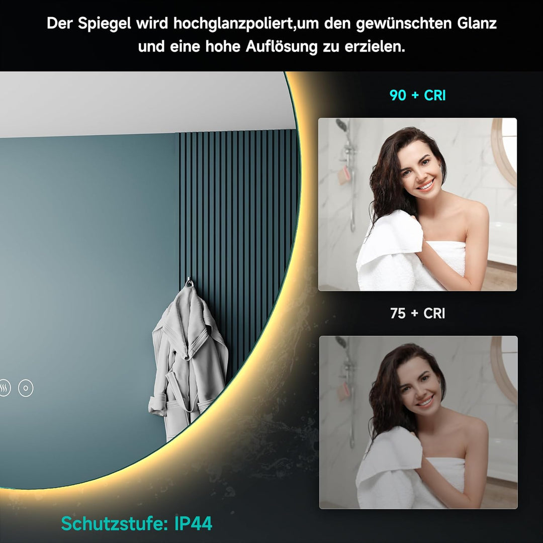 SONNI Badspiegel mit Beleuchtung Rund 80x80 cm, LED Spiegel mit Touch-Schalter und Dimmbar, Beschlag