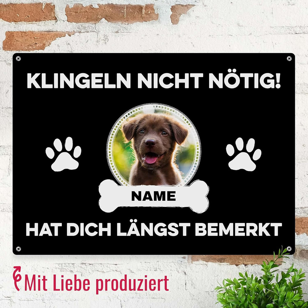 Hunde Schild personalisiert - Klingeln nicht nötig - Metallschild mit Foto und Name für aussen, wett
