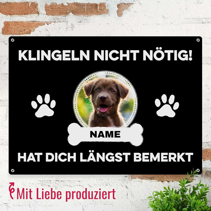 Hunde Schild personalisiert - Klingeln nicht nötig - Metallschild mit Foto und Name für aussen, wett