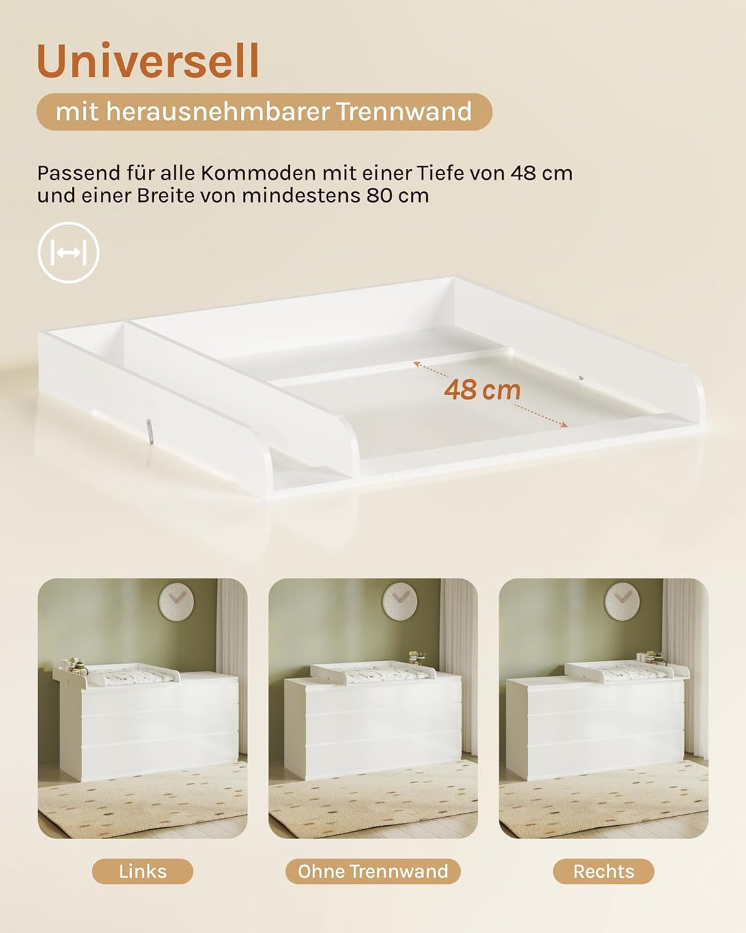 WOLTU Wickelaufsatz aus Holz, Wickeltischaufsatz Wickelkommode Aufsatz mit Trennfach Tiefe 48 cm, fü