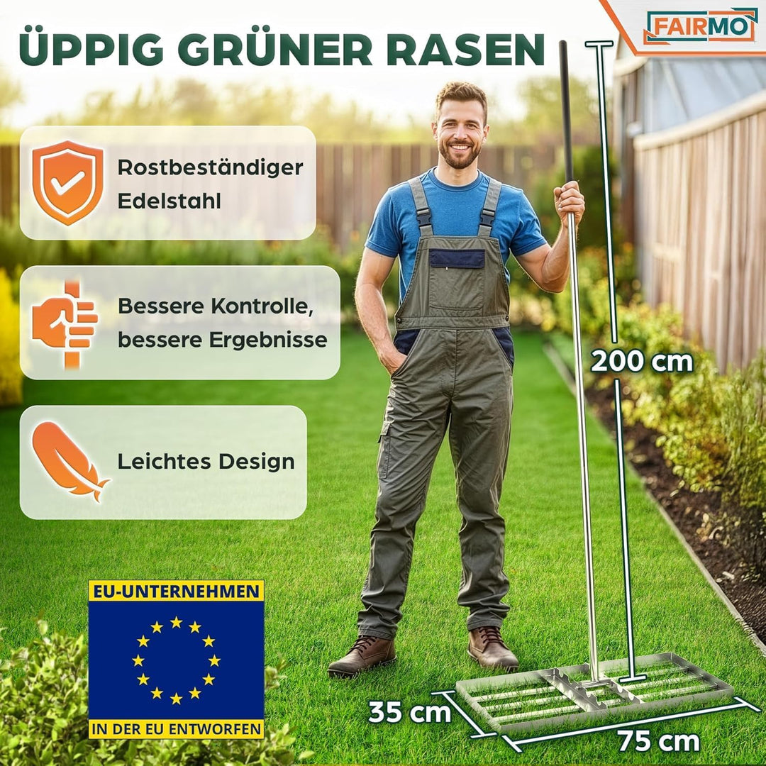 Der handliche Rasen Rakel Edelstahl (75x35 cm) von Fairmo [für sattgrünen Rasen] - Rakel für Rasen i