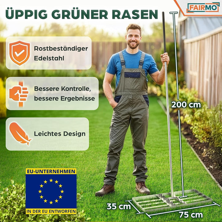 Der handliche Rasen Rakel Edelstahl (75x35 cm) von Fairmo [für sattgrünen Rasen] - Rakel für Rasen i