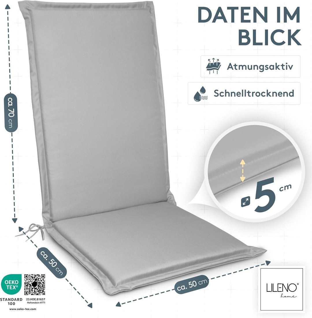 LILENO HOME Gartenstuhl Auflagen [2er Set - Hochlehner] in Grau - Bequeme Liegen als Sitzauflagen fü