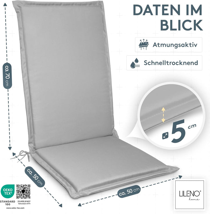 LILENO HOME Gartenstuhl Auflagen [2er Set - Hochlehner] in Grau - Bequeme Liegen als Sitzauflagen fü