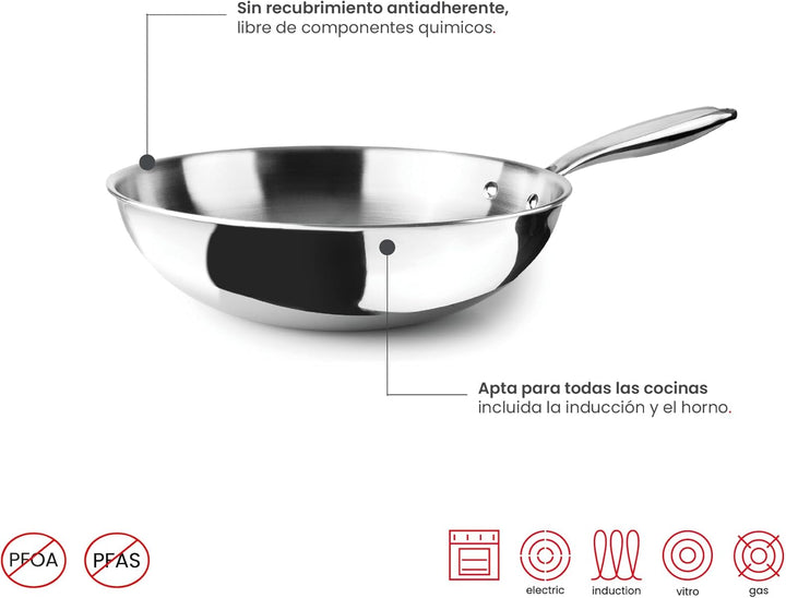 IBILI Triply Natural Wok 20 cm, Edelstahl, induktionsgeeignet, ohne Antihaftbeschichtung, 20 cm
