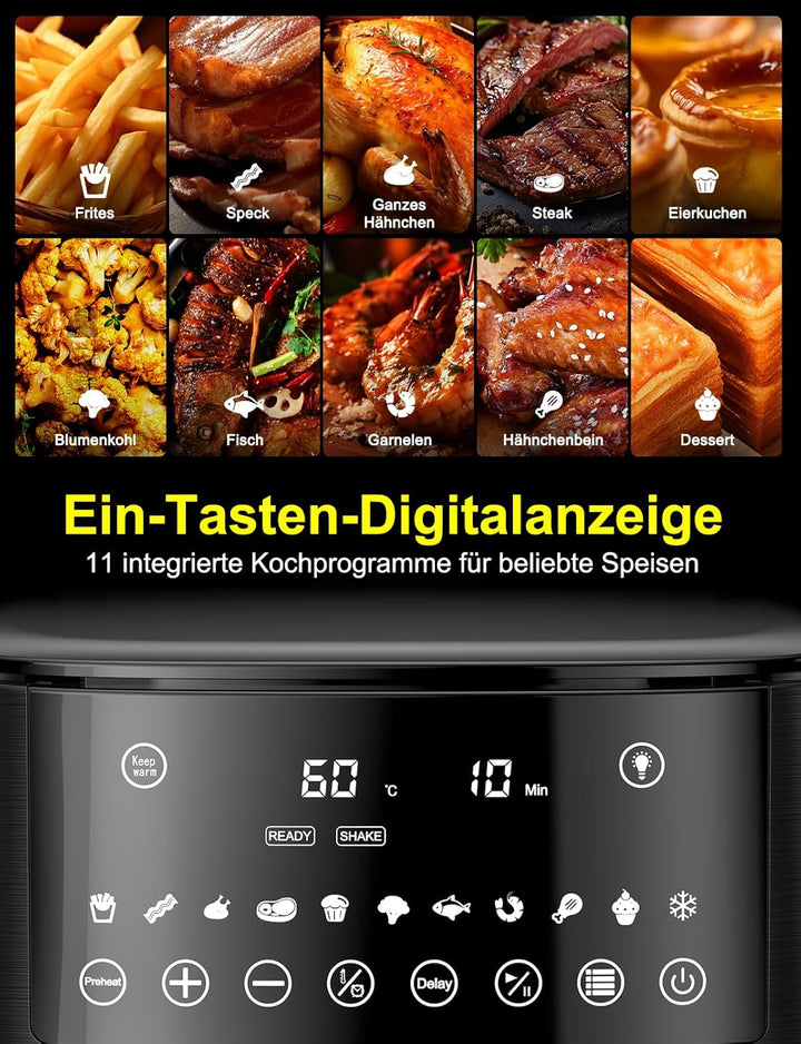 7,2L Heissluftfritteuse Airfryer mit Sichtfenster, 11-in-1 Air Fryer XXL mit Warm halten, Vorheizfun