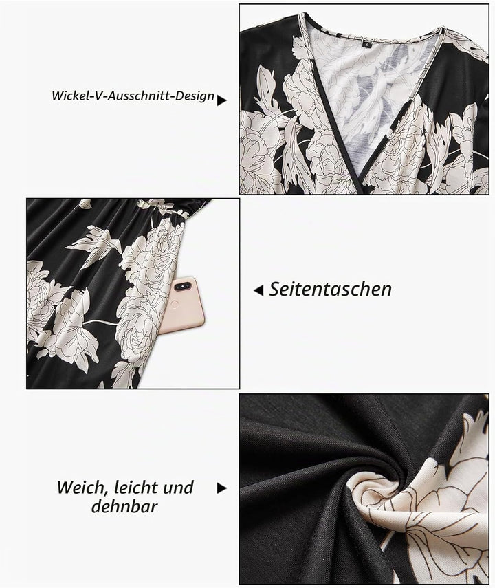 OUGES Kleid Damen Kurzarm/Langarm Sommer Herbstkleid V-Ausschnitt Casual Midi Freizeitkleid mit Tasc