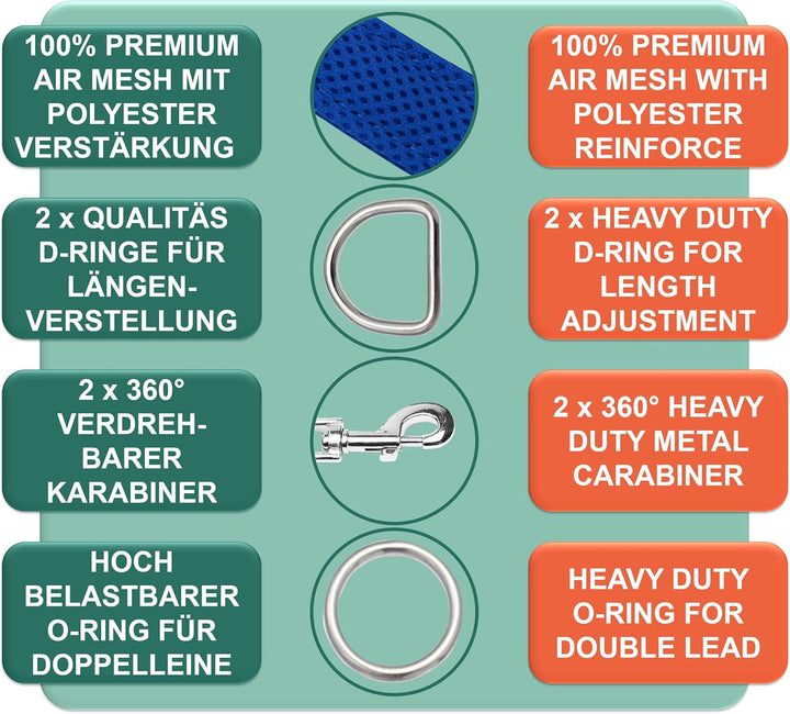 DEY - Premium Hundeleine Air Mesh 2m | 3fach Verstellbar | für Kleine, Mittelgrosse u. Grosse Hunde