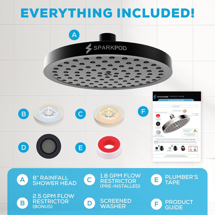 SparkPod Fixed Shower Head - High Pressure Rain - Luxury Modern Look - Easy Tool Free Installation -