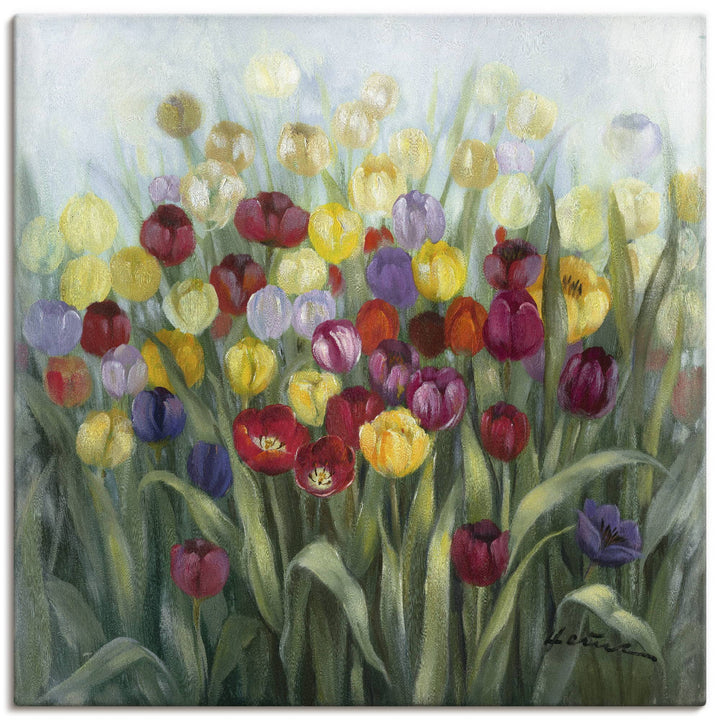 ARTland Leinwandbilder Wandbild Bild auf Leinwand 50 x 50 cm Botanik Blumenwiese Tulpe Malerei Bunt