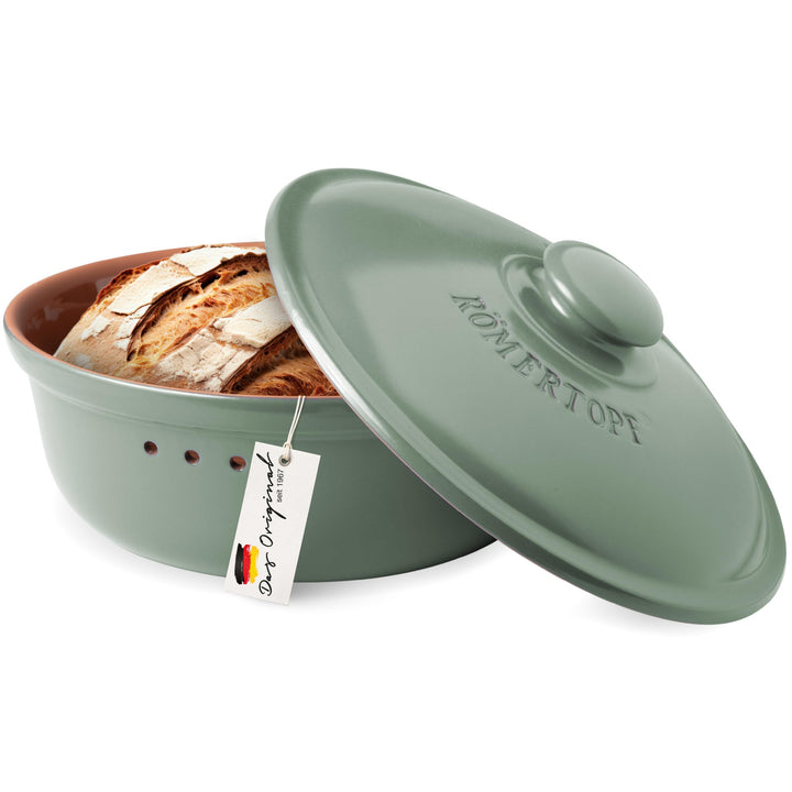 Romertopf Brottopf Rund Ø 30cm - Brotkasten Grün aus Keramik - Atmungsaktiver Tontopf für langanhalt