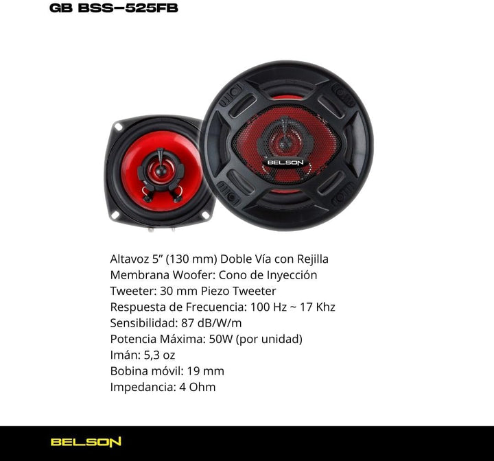 Belson BSS-525FB Lautsprecher-Set, Koaxial, 12,7 cm (5 Zoll), 2-Wege, 100 W, Schwarz