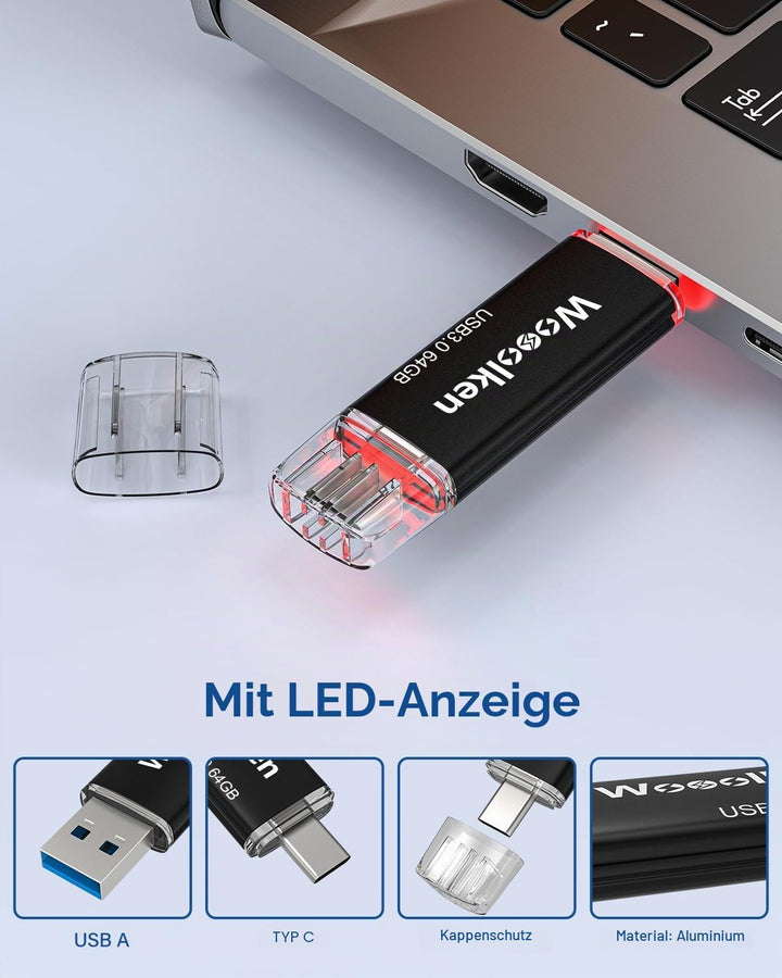 USB C Stick 64GB 3.0 OTG 2 Stück,WOOOLKEN 2er Pack Type-C (2-in-1 USB-Stick z.B.für Android Handy, T