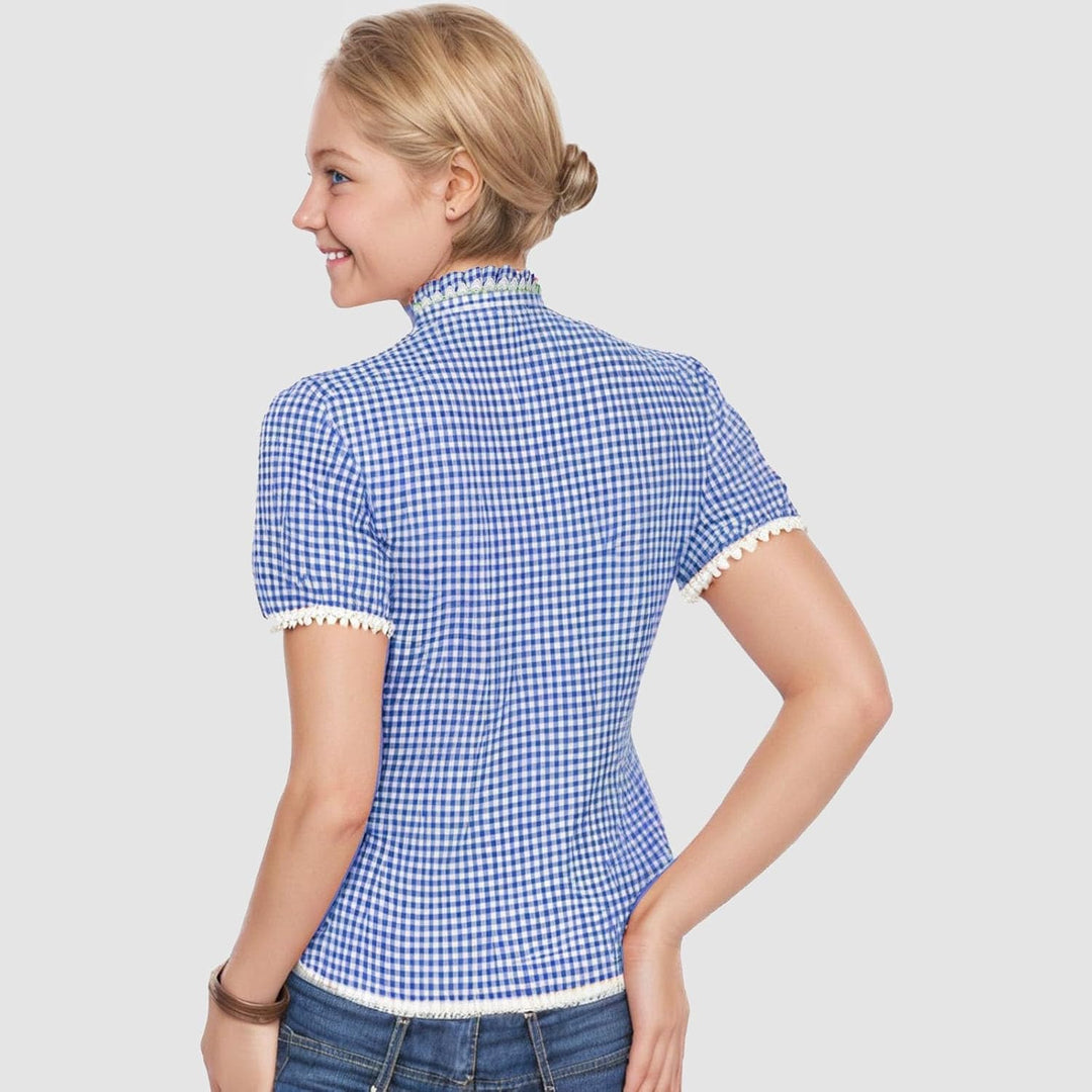 Trachtenbluse Damen Modern Karierte Bluse Oktoberfest Outfit Elegant Kurzarm Landhausmode Shirt Spit
