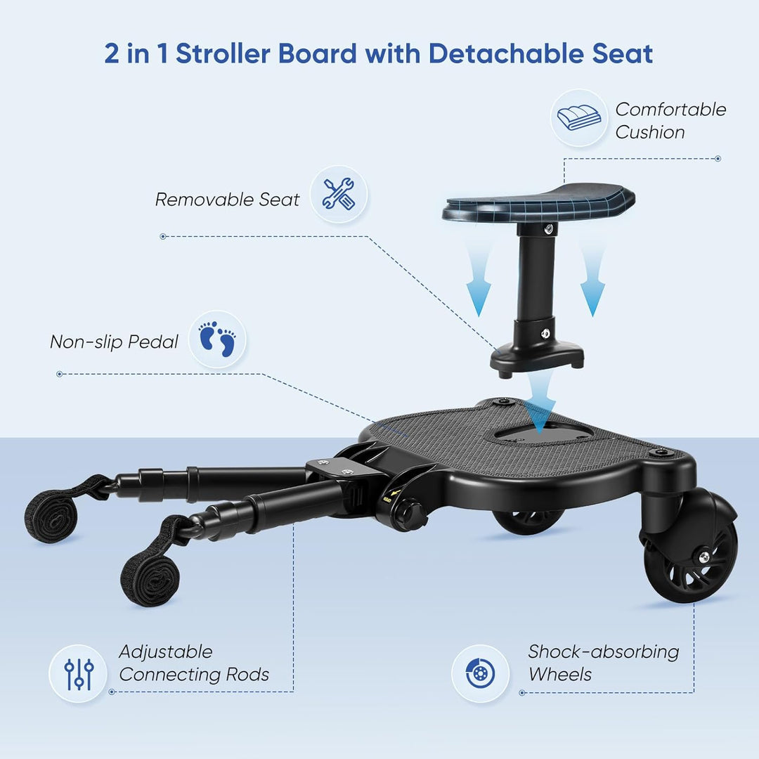 Mevip Buggy Board mit Sitz, Trittbrett Mitfahrbrett universal, Kinderwagen Board mit Kinderwagen Org