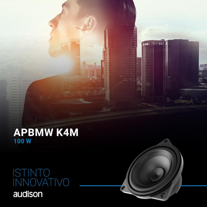 Audison APBMW K4M – 2-Wege-System für BMW/MINI mit 100-mm-Mitteltöner, Hochtöner und Weiche, 100W Pe