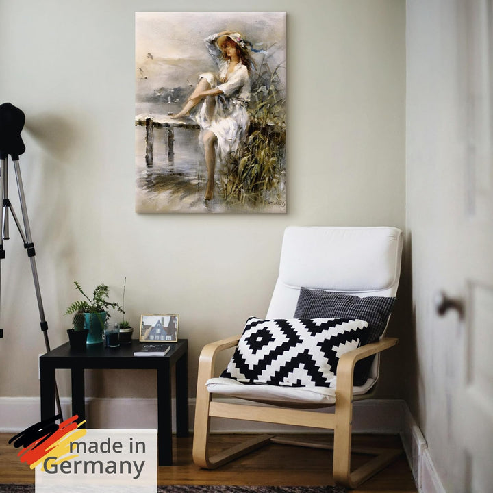 ARTland Leinwandbilder Wandbild Bild auf Leinwand 45x60 cm Wanddeko Frau Natur See Landschaft Steg G