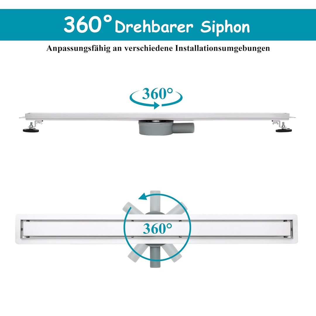100 * 7cm Duschrinne 304 Edelstahl, Bodenablauf mit 360° Siphon Geruchsstop, 2 in1 Befliesbar Ablauf