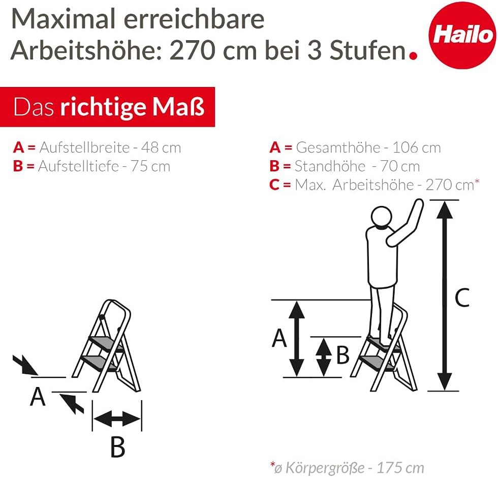 Hailo K70 StandardLine Alu-Klapptritt-Leiter - 3 grosse Stahl-Stufen mit Anti-Rutsch-Matten belastba